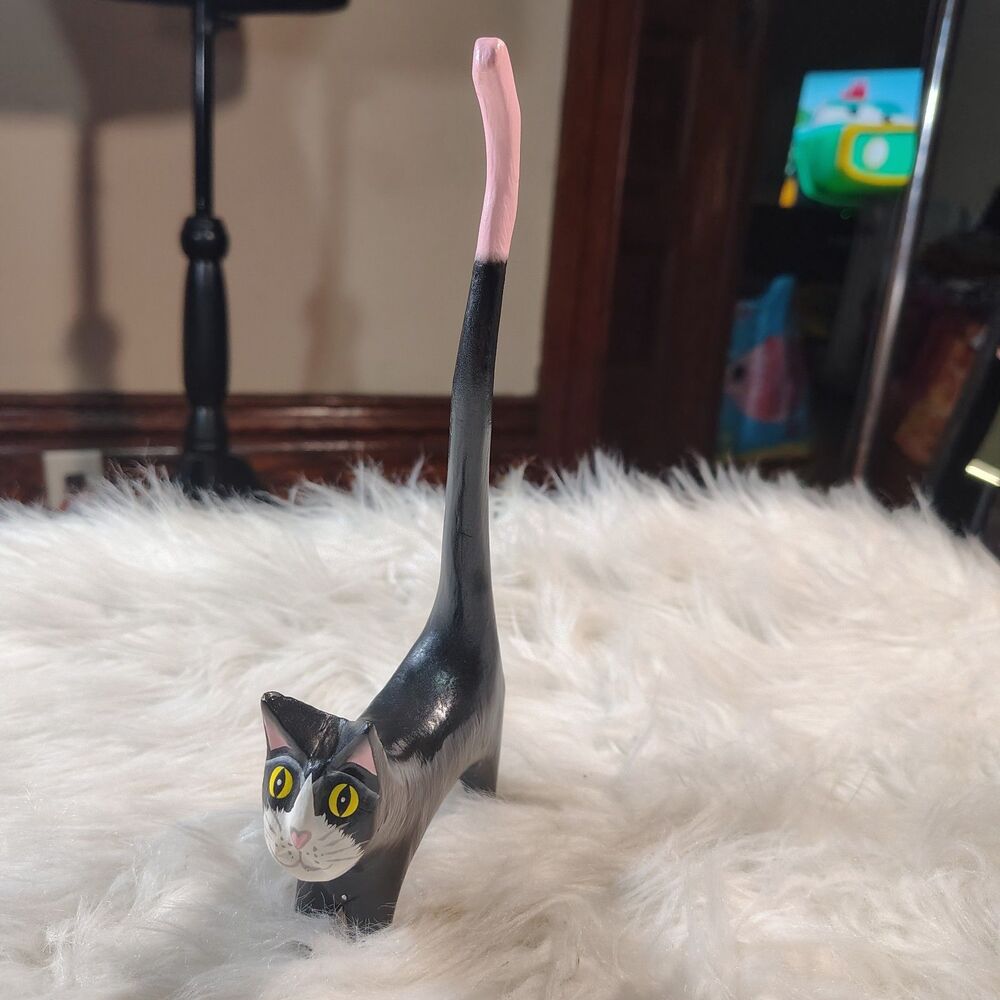 Whimsical Folk Art Long Tailed Cat Figurine